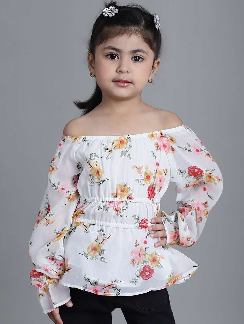 girls off white floral printed off shoulder top