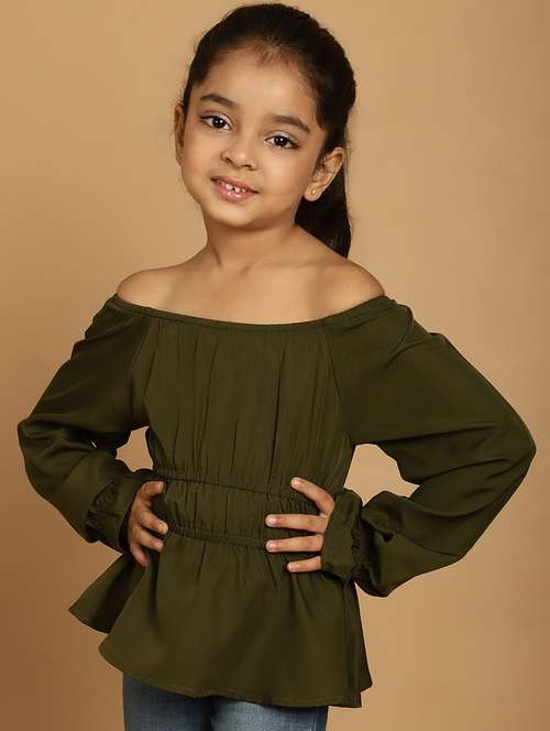 girls olive solid off shoulder top - 21732056 - Standard Image - 0