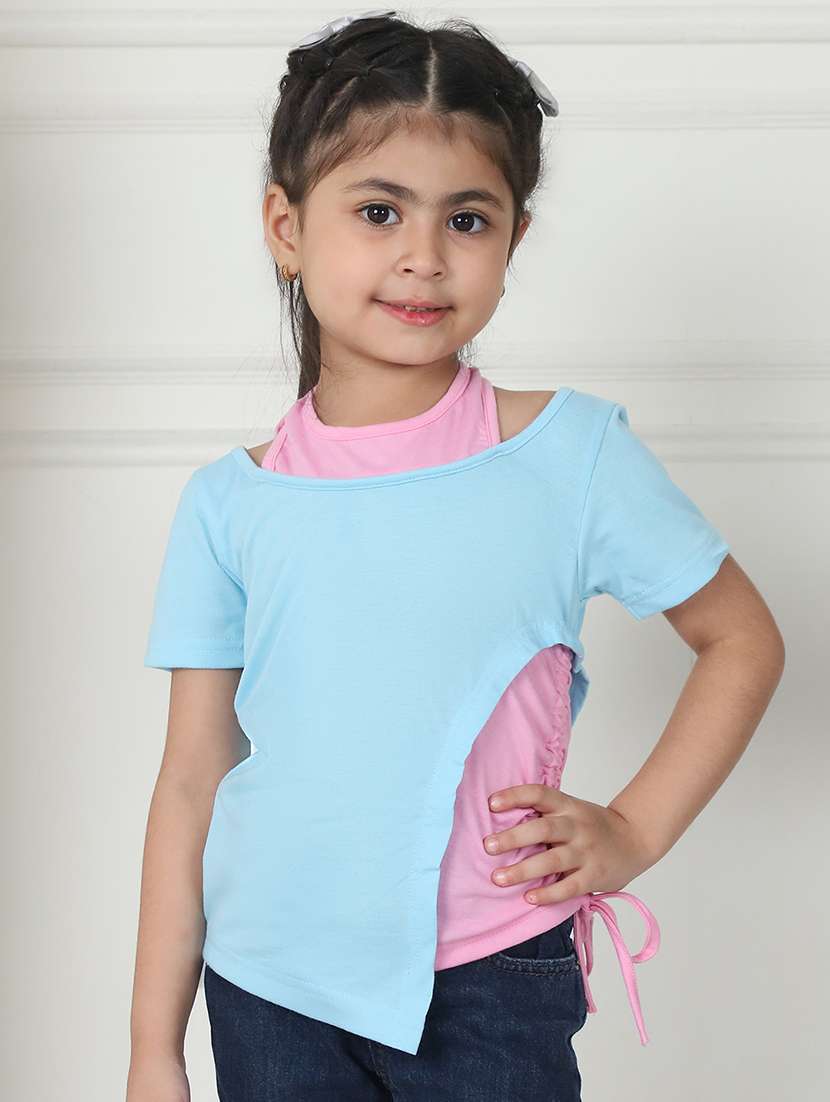 girls sea green color blockk short sleeve top