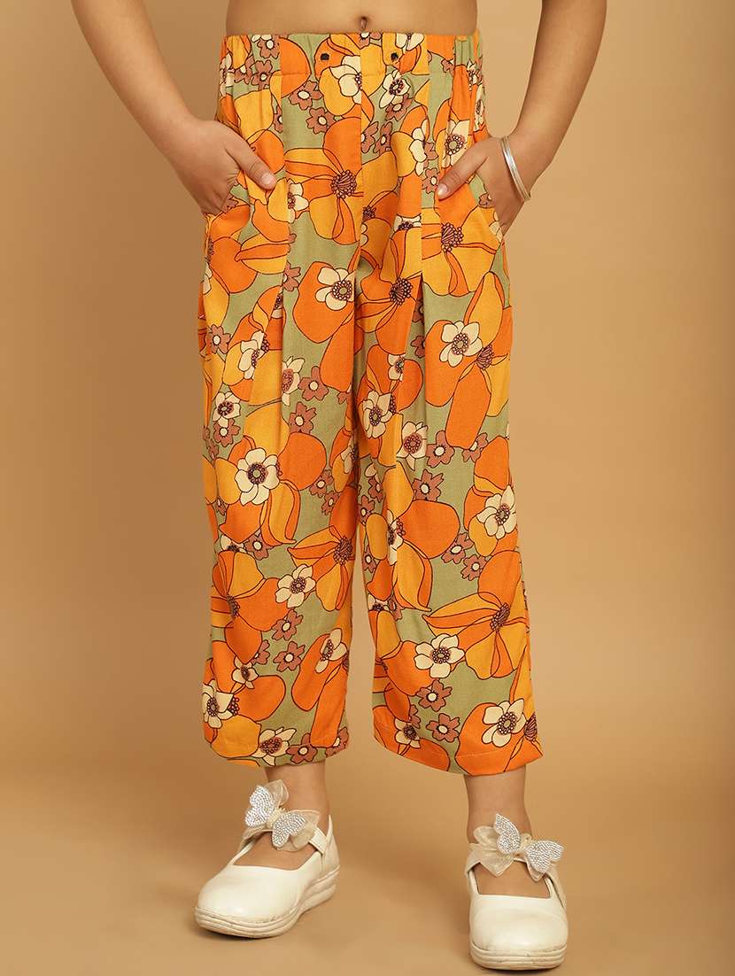 girls yellow floral printed casual trouser