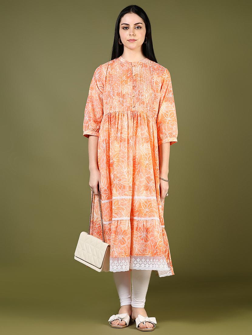women orange three quarter sleeve tiered kurta - 21732134 -  Zoom Image - 0