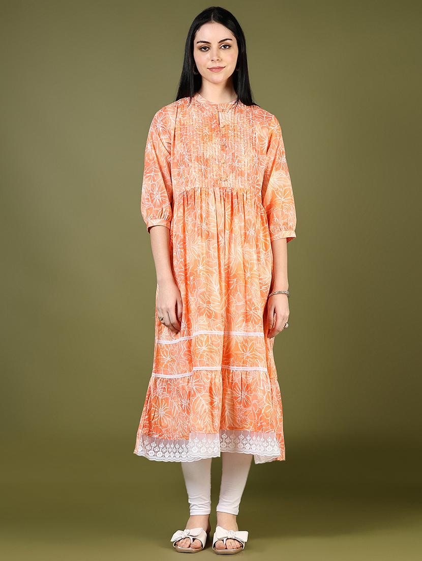 women orange three quarter sleeve tiered kurta - 21732134 -  Standard Image - 1