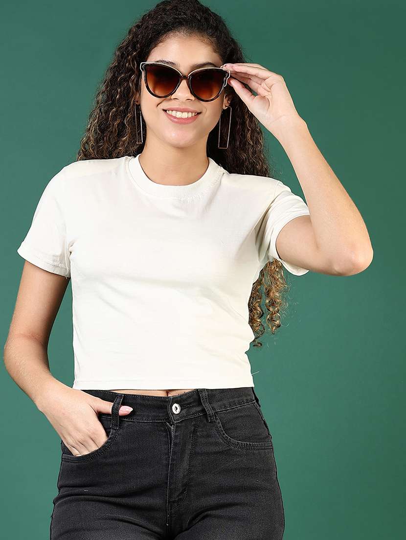 women solid short sleeves crop t-shirt