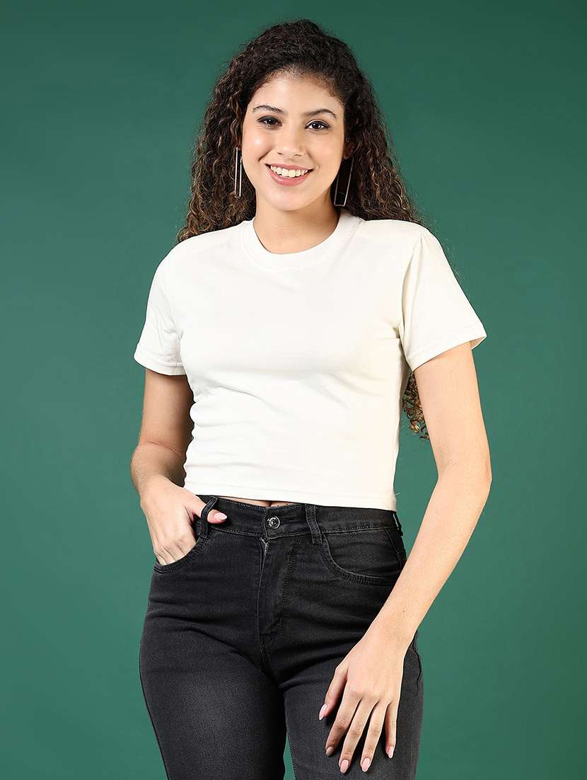 women solid short sleeves crop t-shirt - 21732175 -  Standard Image - 1