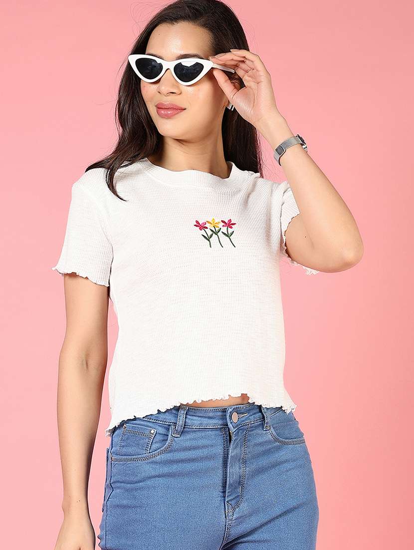 women off white round neck crop top - 21732178 -  Standard Image - 1
