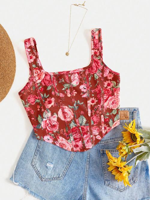 women floral print corset crop top - 21732294 -  Standard Image - 0