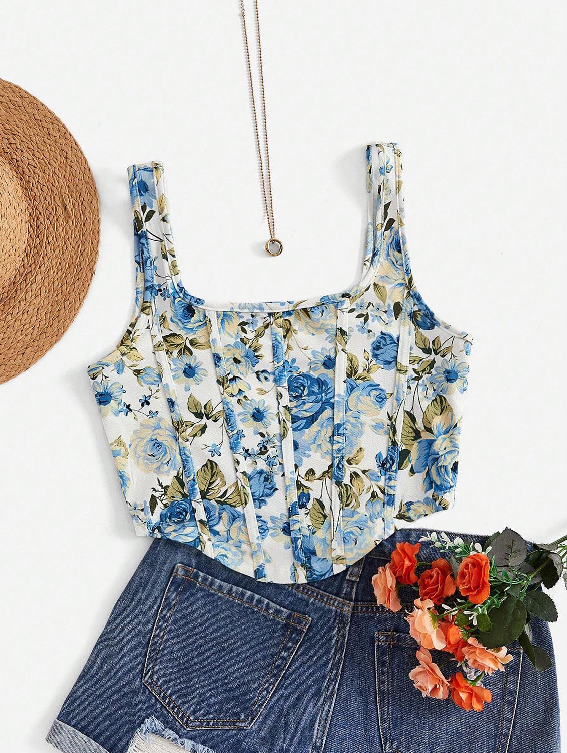women floral print corset crop top