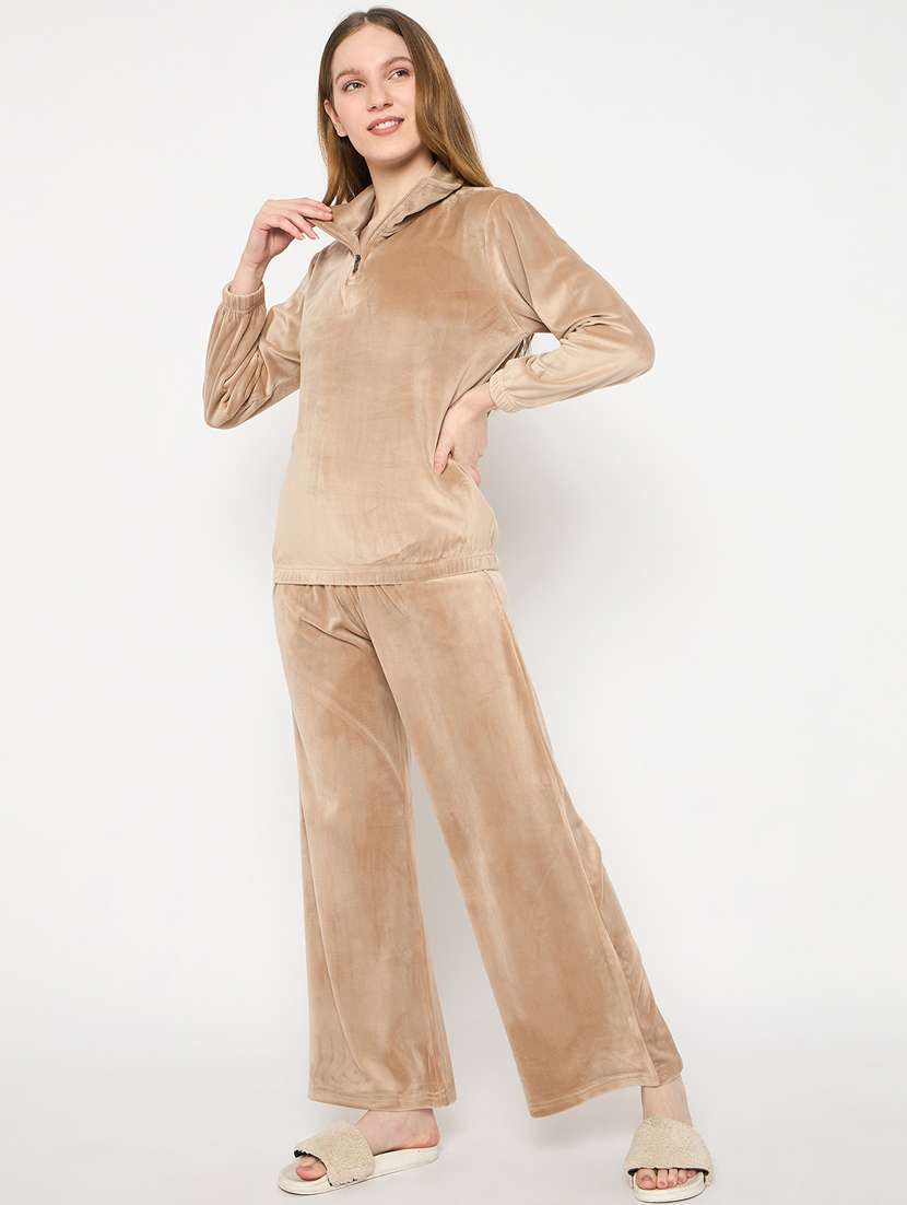women solid velvet pyjama nightwear set - 21732307 -  Standard Image - 1