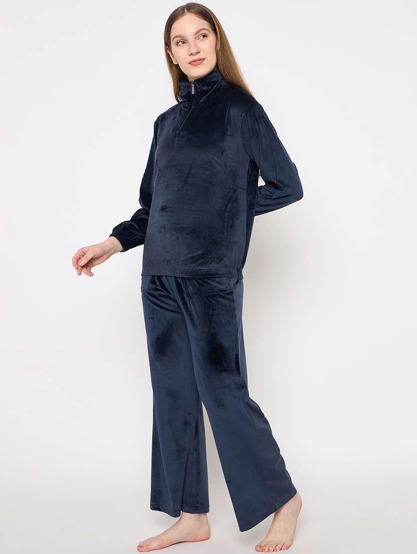 women solid velvet pyjama nightwear set - 21732310 -  Standard Image - 1