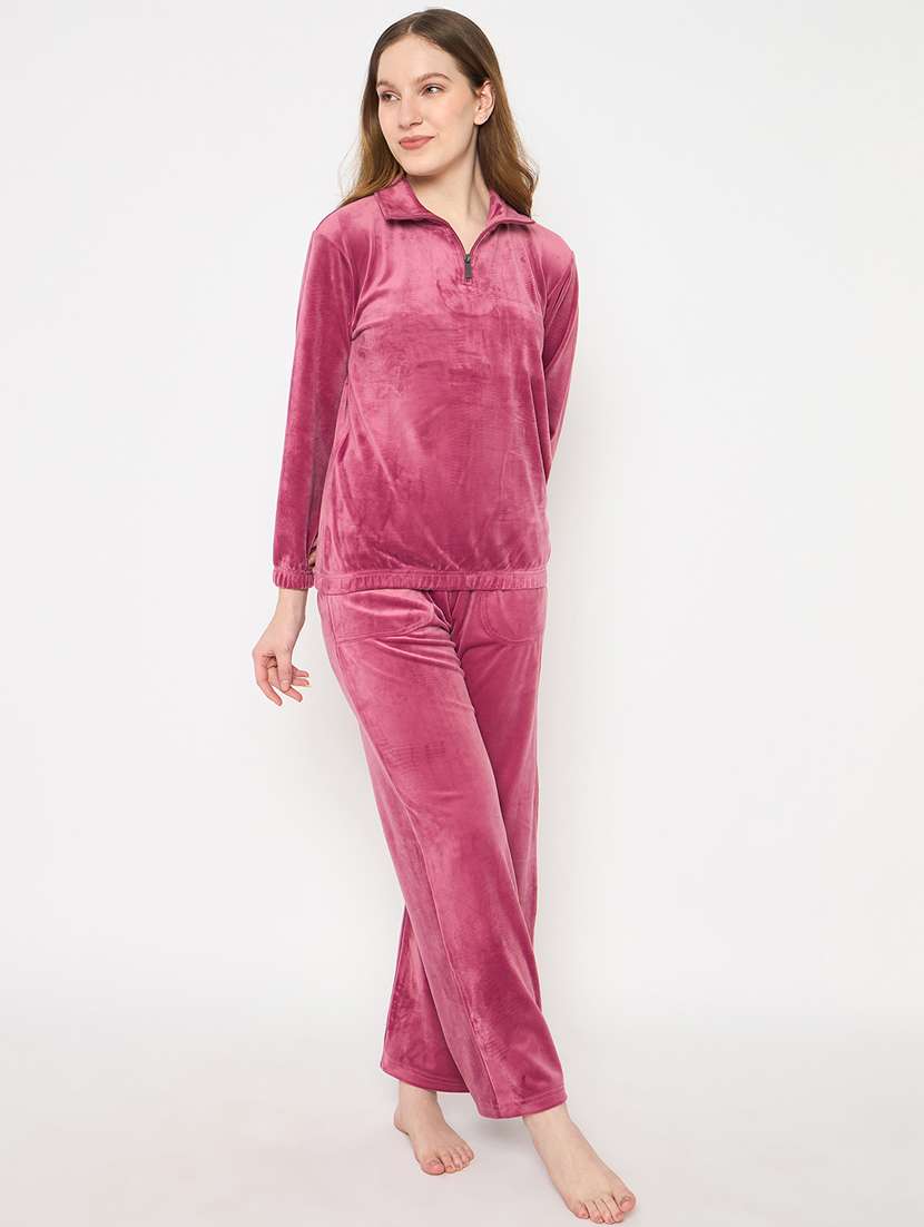 women solid velvet pyjama nightwear set