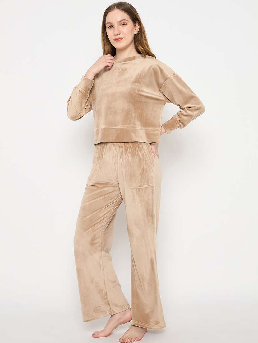 women solid velvet pyjama nightwear set - 21732312 -  Standard Image - 1