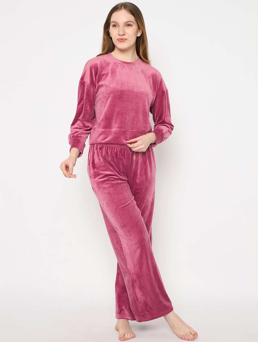 women solid velvet pyjama nightwear set - 21732316 -  Standard Image - 1