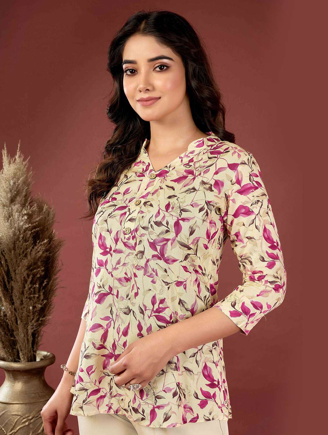 women printed three quarter sleeve top - 21732745 - Standard Image - 1