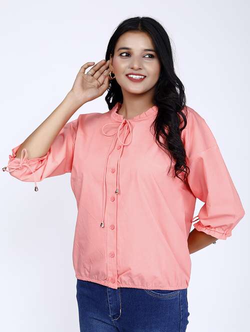 women solid tie-up neck regular top - 21732751 - Standard Image - 0