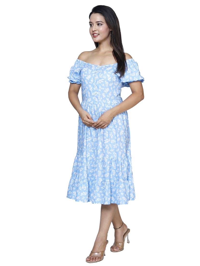 women light blue leaf printed off shoulder tiered dress - 21732863 -  Standard Image - 1