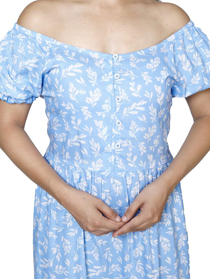 women light blue leaf printed off shoulder tiered dress - 21732863 -  Standard Image - 4