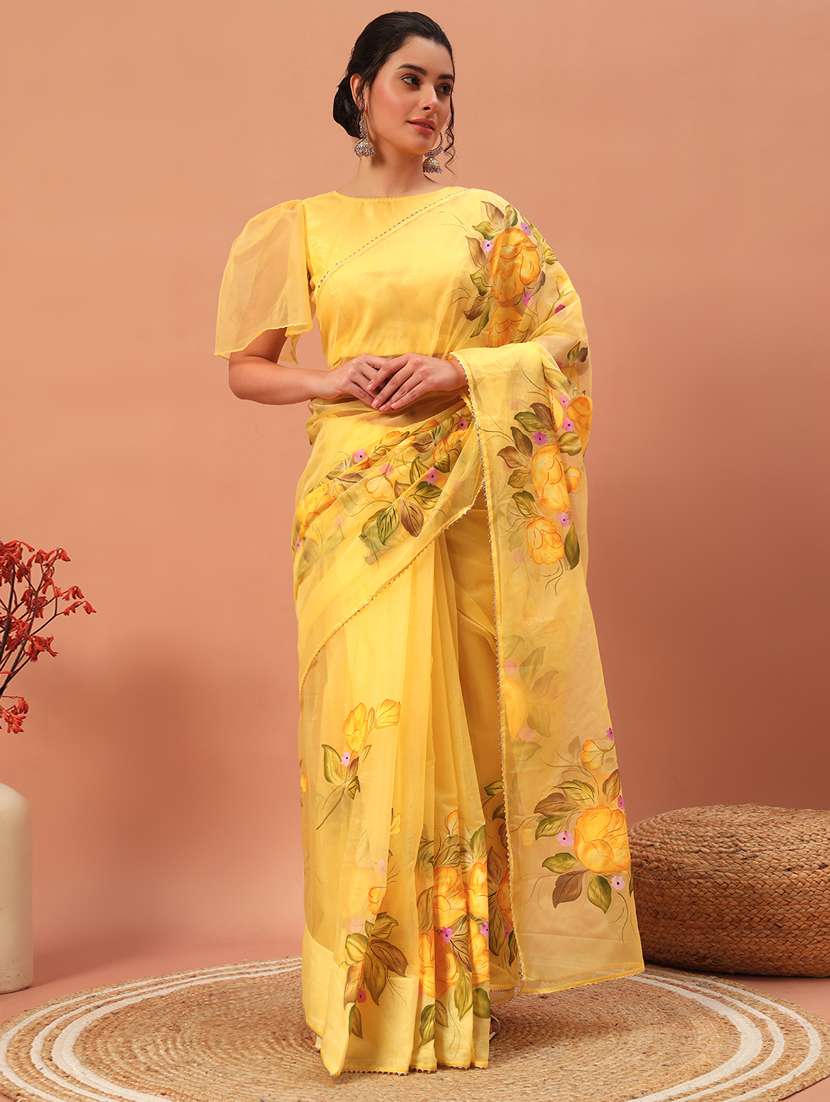 women floral hand printed saree with blouse