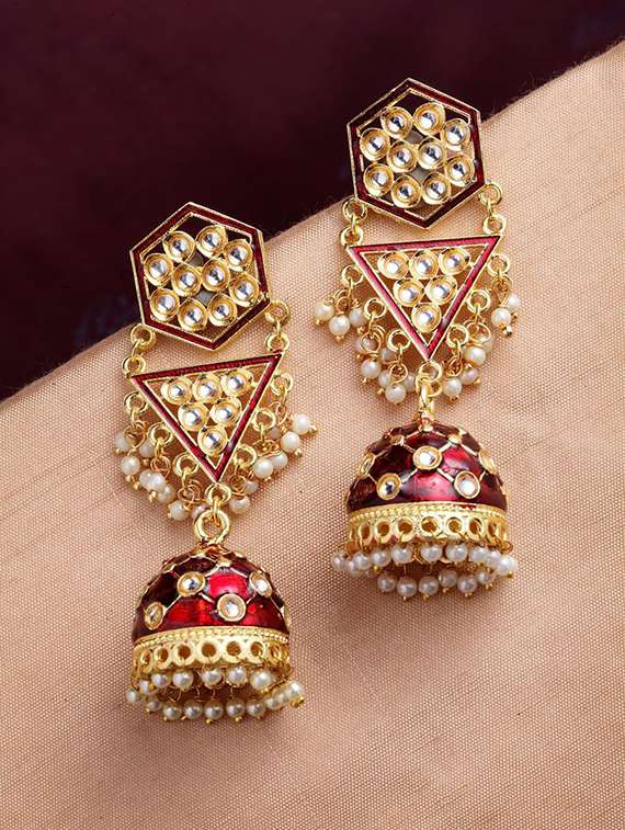 gold plated maroon meenakari dome shaped jhumka earrings