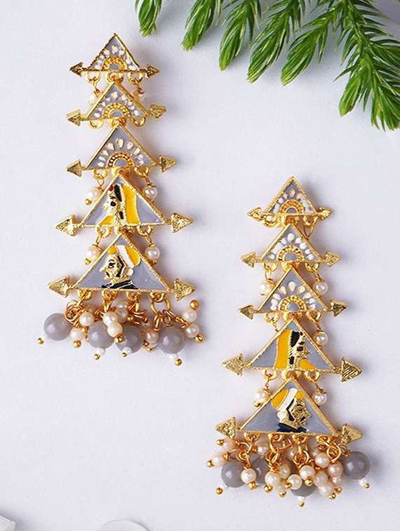 gold plated beaded meenakari drop earrings