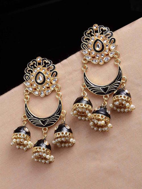 black & gold plated crescent shaped kundan jhumkas earrings - 21733287 - Standard Image - 0