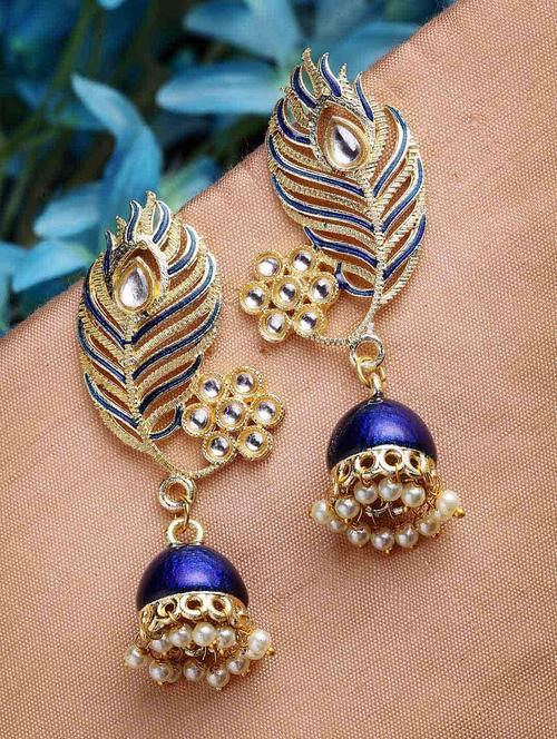 blue & gold-plated kundan stone leaf shaped jhumka earrings - 21733295 -  Standard Image - 0