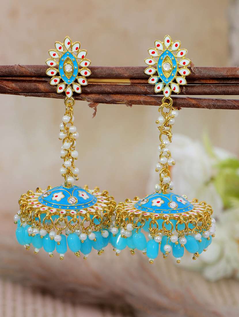 women meenakari detailed jhumka earrings