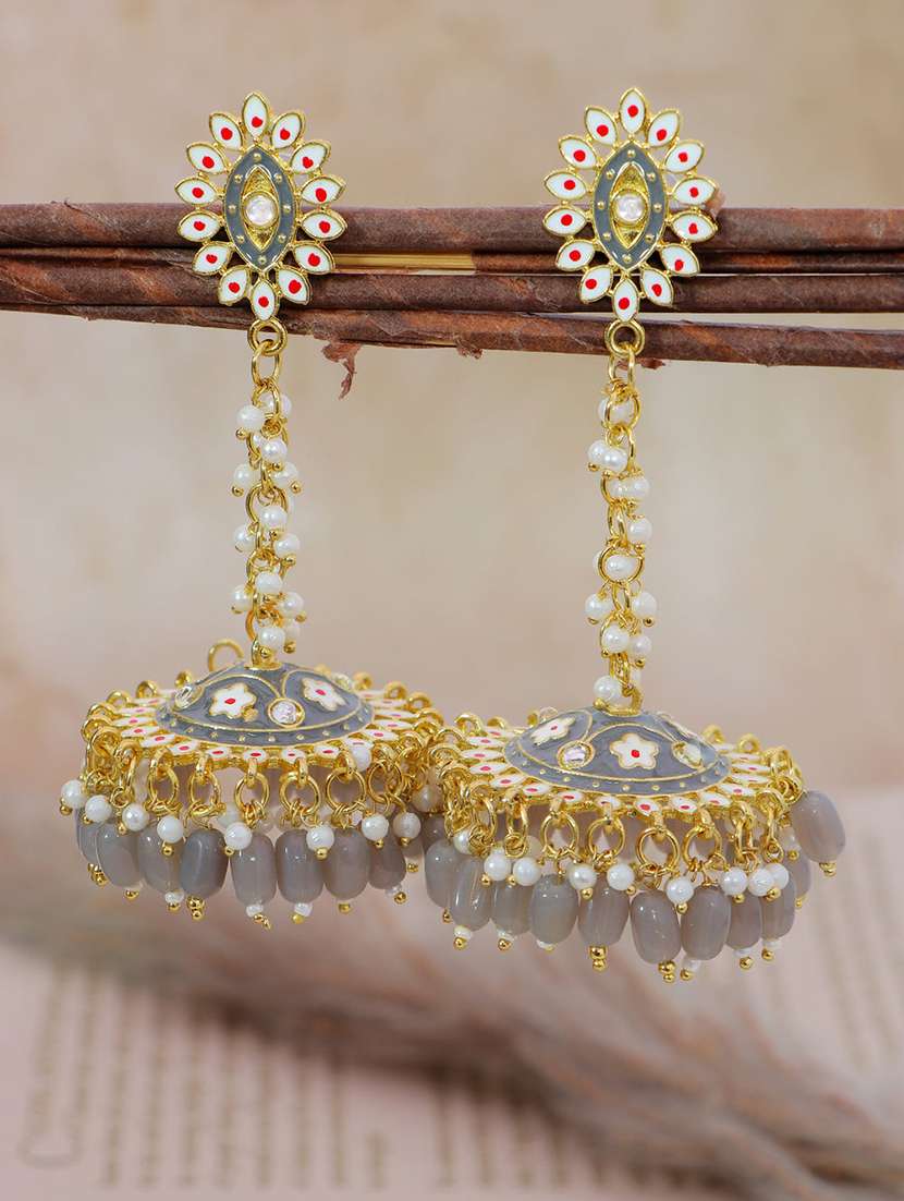 women meenakari detailed jhumka earrings