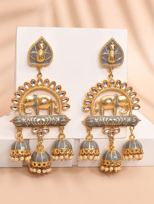 gold-plated animal shaped kundan drop earrings - 21733312 - Standard Image - 0