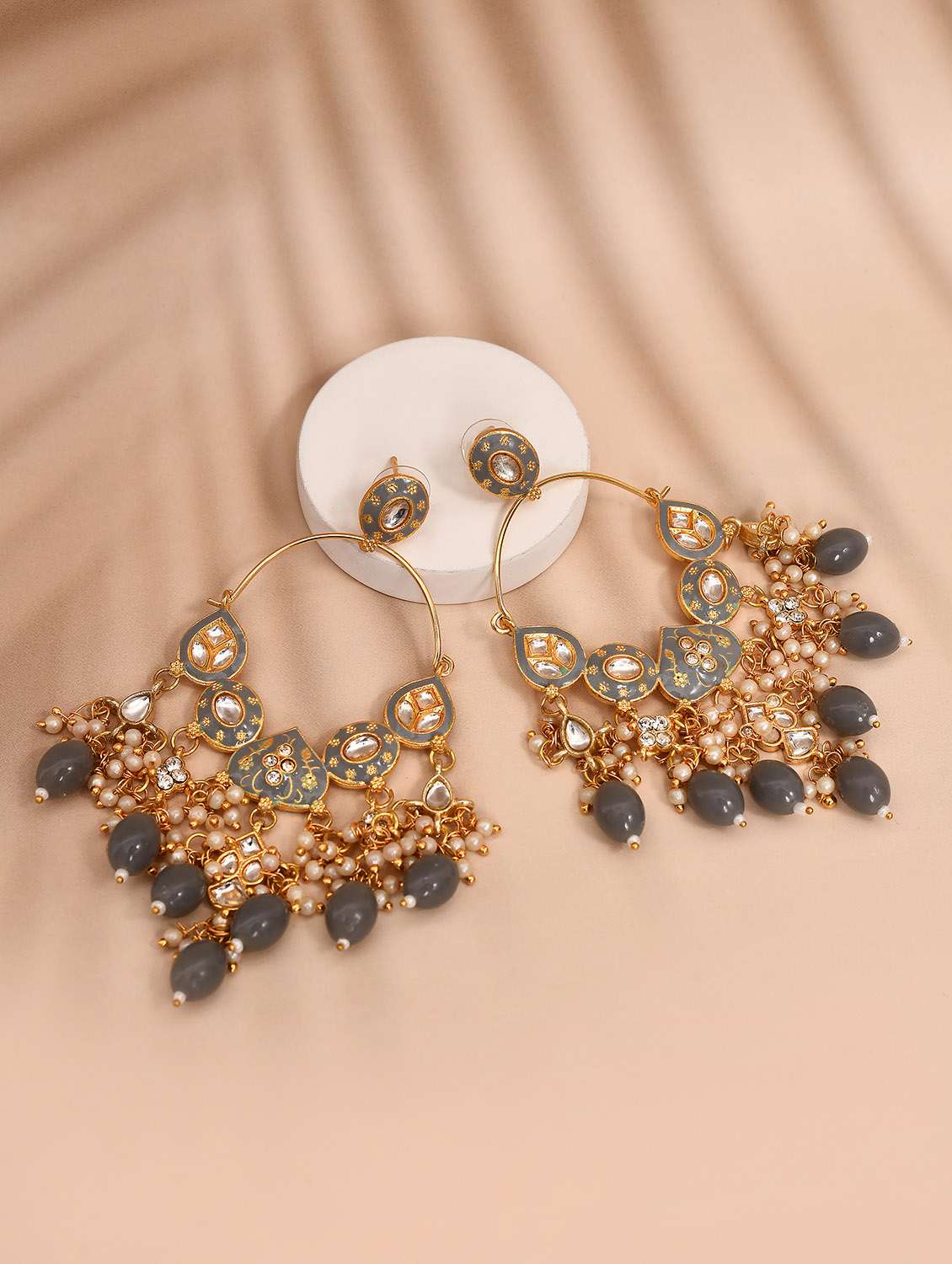gold plated kundan stone and meenakari pearl chandballi earrings