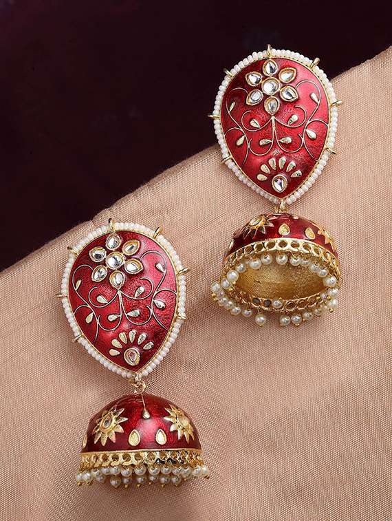 maroon & gold-plated dome shaped kundan stone jhumkas earrings