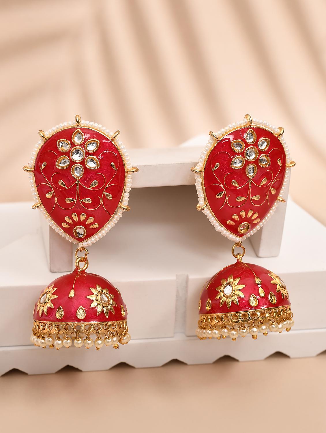 red & gold-plated dome shaped kundan stone jhumkas earrings - 21733325 - Zoom Image - 0
