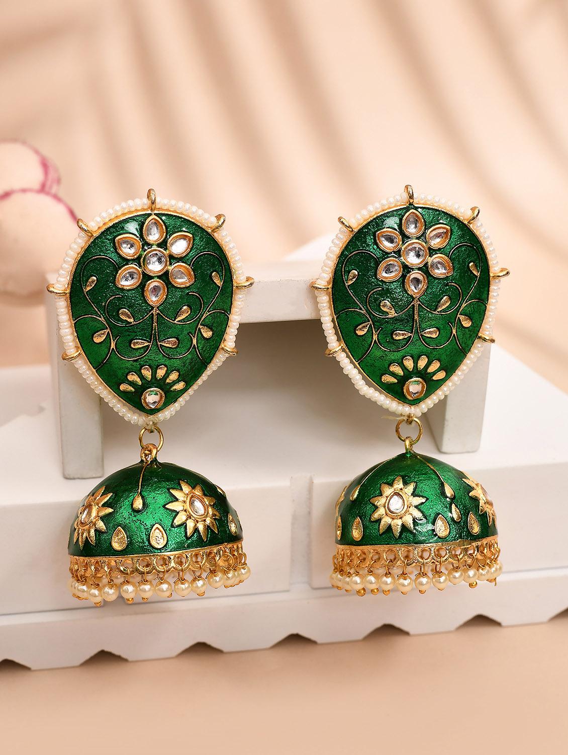 green & gold-plated dome shaped kundan stone jhumkas earrings - 21733328 -  Zoom Image - 0