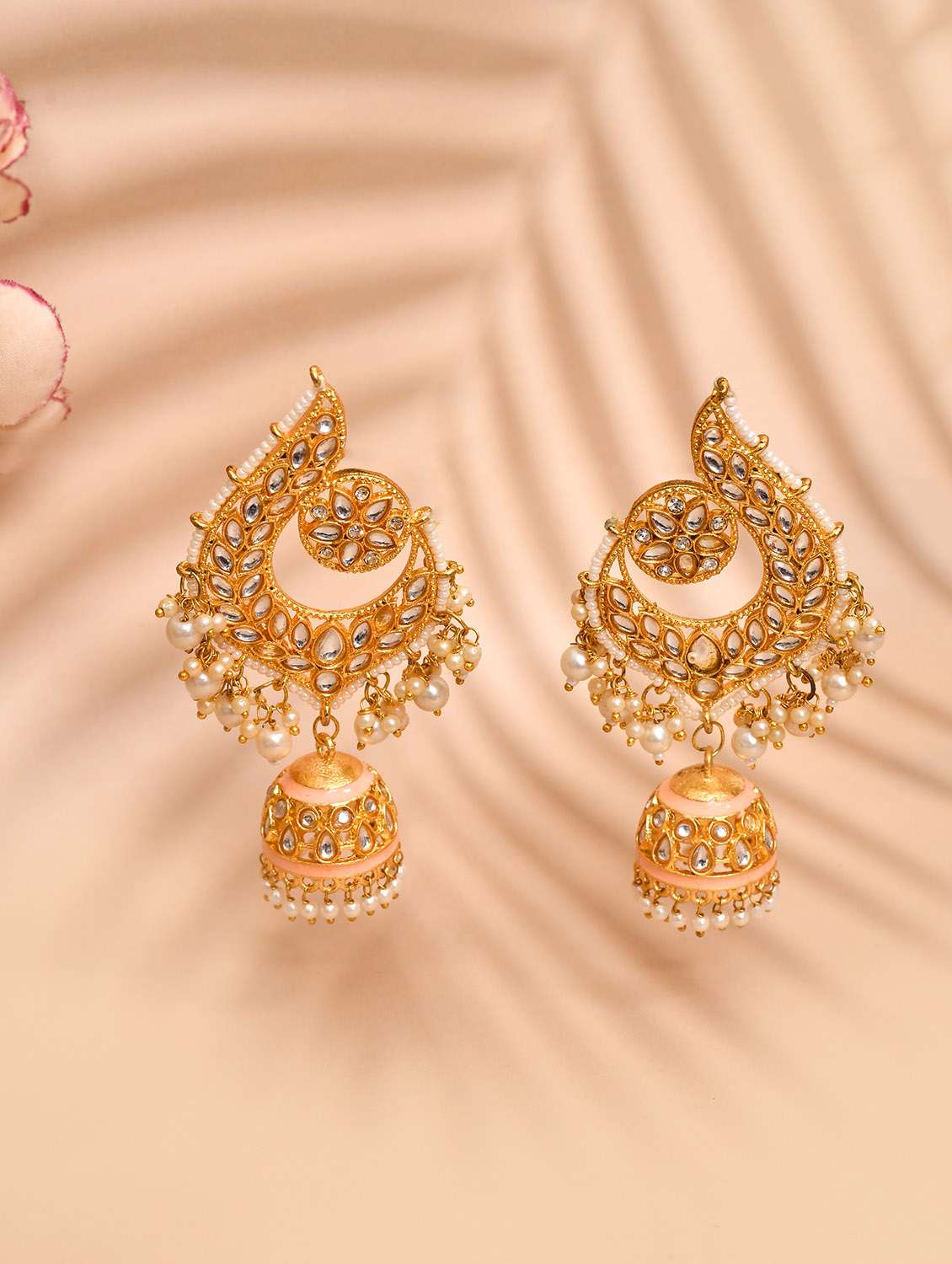 gold plated kundan stone and meenakari jhumka earrings