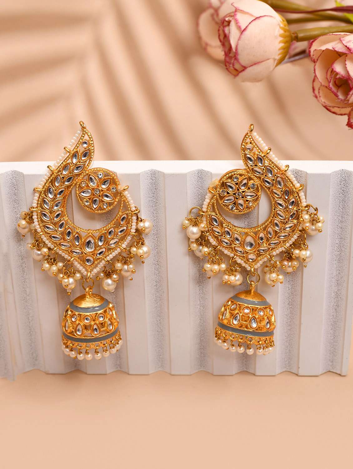 gold plated kundan stone and meenakari jhumka earrings