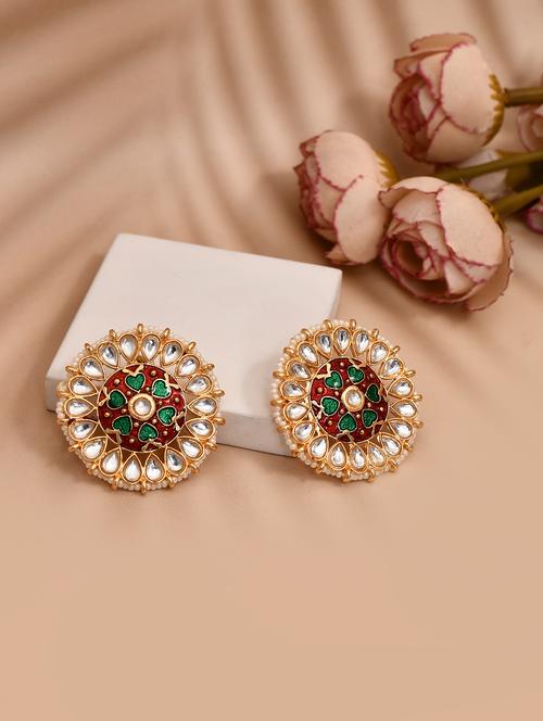 green & red kundan meenakari detailed studs earrings - 21733337 - Standard Image - 0
