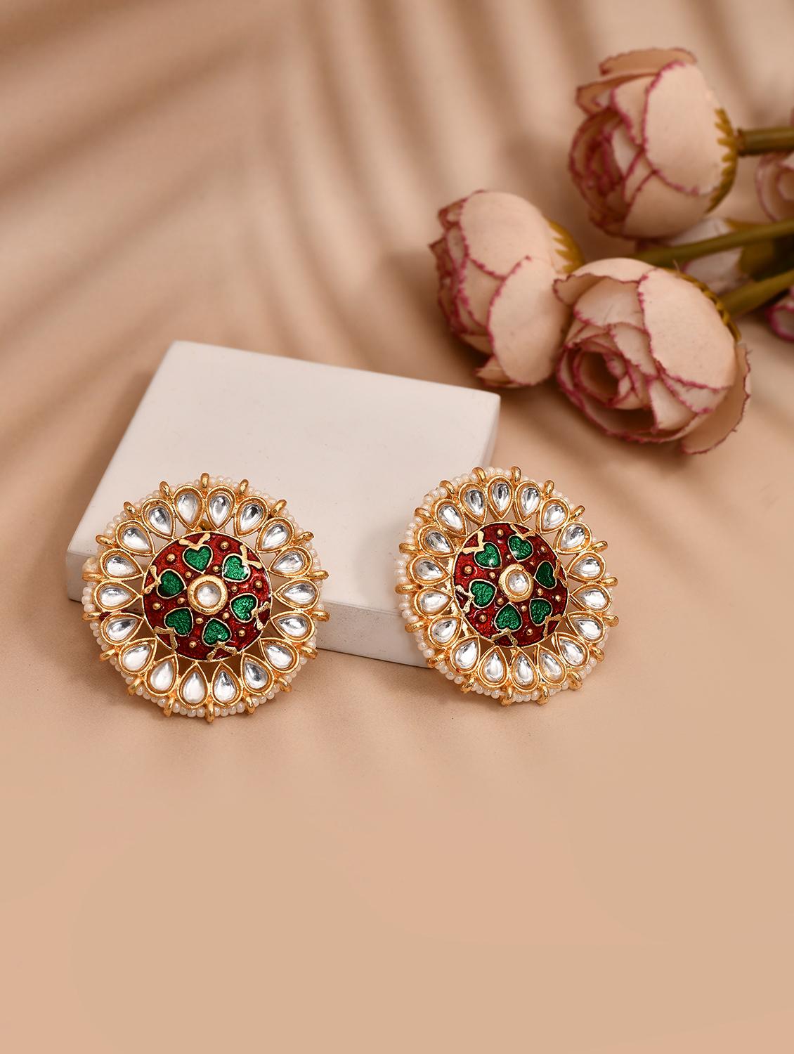 green & red kundan meenakari detailed studs earrings - 21733337 - Zoom Image - 0