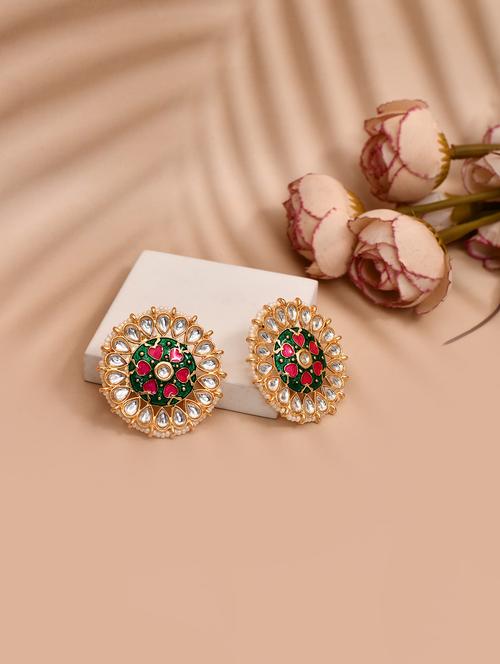 green & pink kundan meenakari detailed studs earrings - 21733338 -  Standard Image - 0