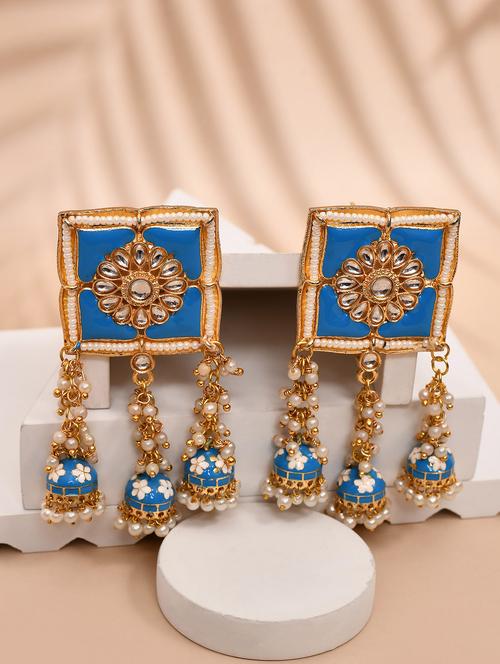 blue stone square top floral carved jhumka earrings - 21733341 - Standard Image - 0