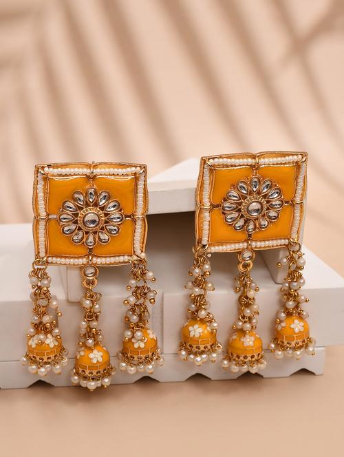 mustard stone square top floral carved jhumka earrings - 21733343 -  Standard Image - 0