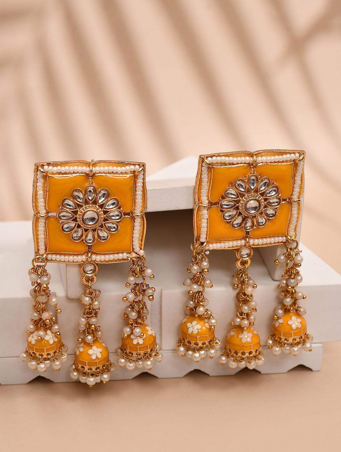 mustard stone square top floral carved jhumka earrings - 21733343 -  Zoom Image - 0