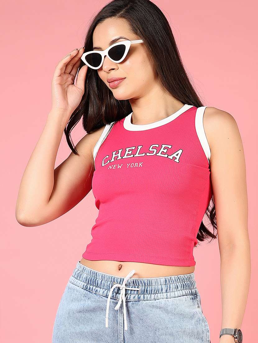 women pink typographic sleeveless crop top - 21733400 -  Standard Image - 1