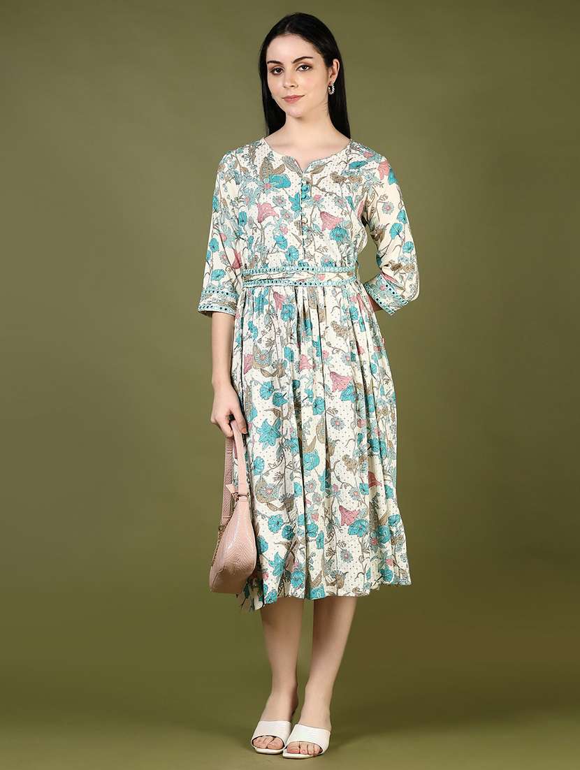 women printed notch neck flared ethnic dress - 21733415 - Standard Image - 1