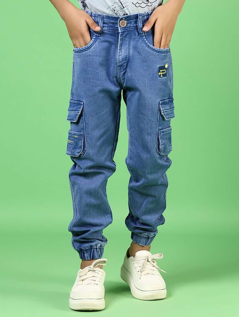 boys blue mid rise plain jogger cargo