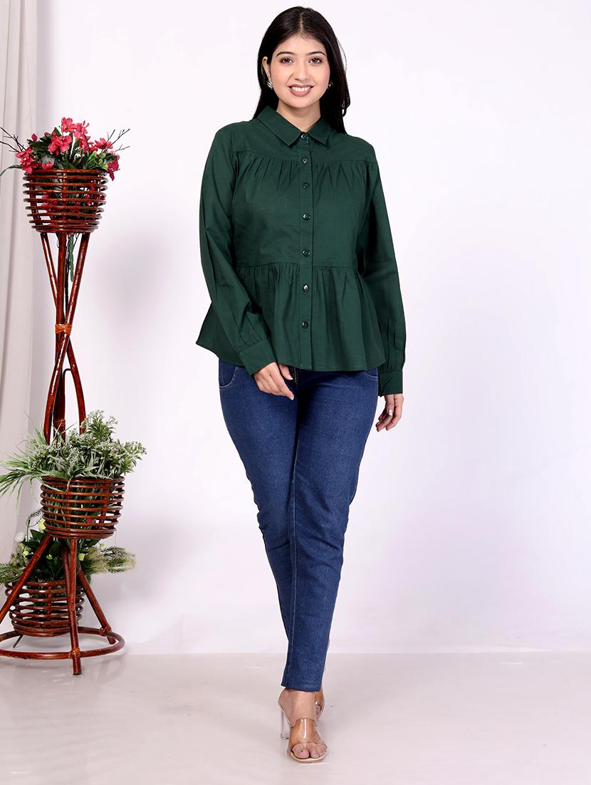 women green solid long sleeve regular shirt - 21733587 -  Zoom Image - 0