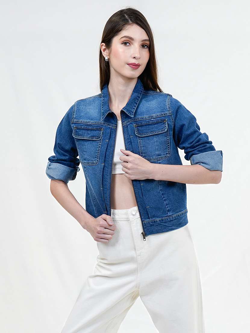 women blue long sleeve denim jacket