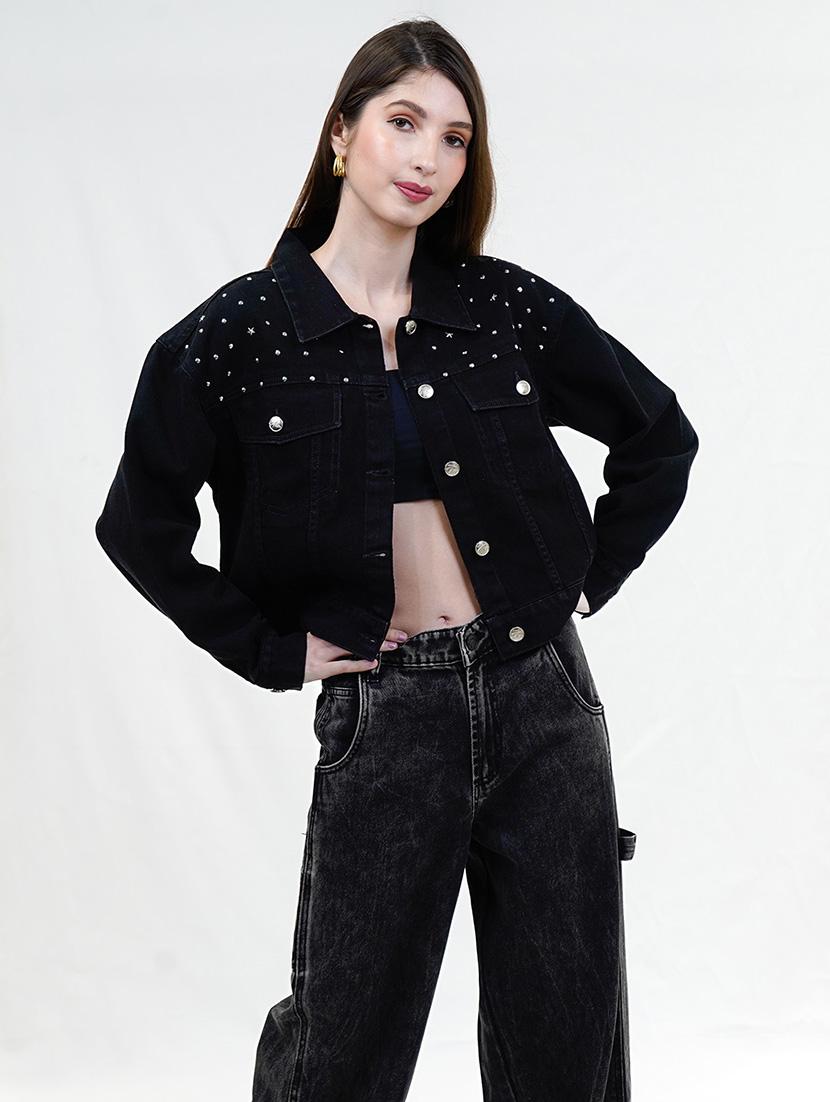 women black long sleeve embellished denim jacket - 21733640 - Zoom Image - 0