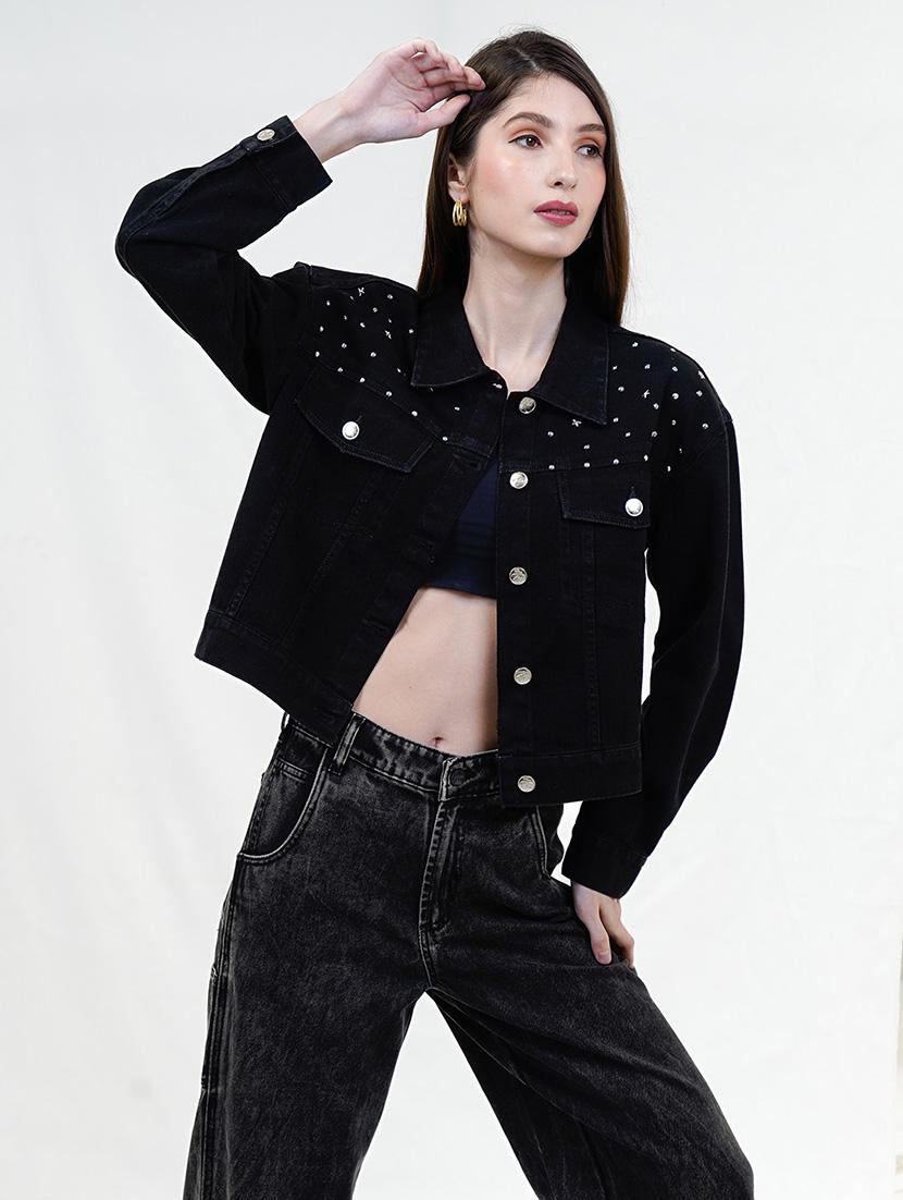 women black long sleeve embellished denim jacket - 21733640 - Standard Image - 1