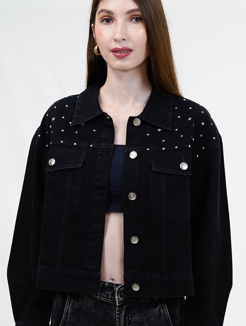 women black long sleeve embellished denim jacket - 21733640 - Standard Image - 4