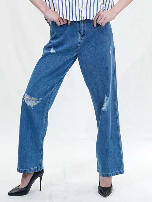 women blue full length distress wide leg jean - 21733660 -  Standard Image - 0