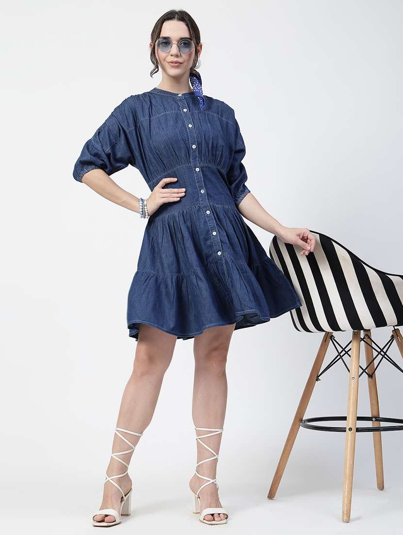 women blue solid round neck fit & flare dress